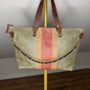 In Blue Distressed Leather Tote Bag Boho Moto Indie Sleaze Mixed Chain Purse